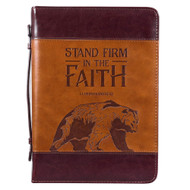 Christian Art Gifts Men's Classic Bible Cover Stand Firm in Faith Bear 1 Corinthians 16:13, Brown Faux Leather, Medium