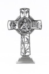 Pewter Catholic Saint St Kevin Pray for Us Standing Cross, 6 Inch
