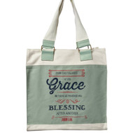 Retro Blessings "Grace" Washed Cadet Blue Canvas Tote Bag - John 1:16
