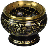 India Small Decorated Brass Charcoal Screen Incense Burner with Wooden Coaster