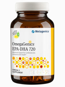 DescriptionProduct DetailsSpecifications
OmegaGenics™ EPA-DHA 720 Lemon/LIme 120 gels
Dietary Supplement
OmegaGenics™ EPA-DHA 720 is produced in Norway and features a highly concentrated source of health-promoting omega-3 essential fatty acids from cold-water fish. Each softgel provides a total of 720 mg of EPA and DHA to support healthy blood lipids, cardiovas-cular health, a positive mood, and overall health.* This product is Gluten Free. Formulated to Exclude: Wheat, gluten, soy, dairy products, egg, nuts, tree nuts, crustacean shellfish, colors, artificial flavors, artificial sweeteners, and preservatives.
Advantages of this premium formula include:
- Tested for contaminants by a leading third-party lab
- Produced in a Norwegian parmaceutical-licensed facility
- Stabilized with natural intioxidants to maintain freshness
- Natural lemon-flavored softgels.
Directions: Take two softgels up to three times daily with food or as directed by your healthcare practitioner.
Supplement Facts
Serving Size 2 Softgels
Servings Per Container 60
Amount Per Serving
Calories 20
Calories from Fat 20
Total Fat 2g
Cholesterol 5mg
Natural Marine Lipid Concentrate 2.8g
EPA (Eicosapentaenoic acid) 860mg
DHA (Docosahexaenoic acid) 580mg
Other Omega-3 Fatty Acids 80mg
Ingredients: Marine lipid concentrate[fish (sardine, anchovy, and mackerel) oil], gelatin, glycerin, purified water, natural lemon flavor, natural lime flavor, natural tocopherols, rosemary extract, and ascorbyl palmitate. Contains: fish (sardine, anchovy and mackerel).
Caution: if pregnant or nursing, or taking medication, including blood thinning medications, consult your healthcare practitioner before use. Do not use before surgery. Keep out of the reach of children. Storage: Keep tightly closed in a cool, dry place.