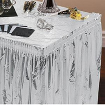 2 Metallic Silver Pleated Tableskirts 29" x 14' Disposable 1 Ply Foil Tableskirt