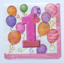 Pink Girls 1st Birthday 10" x10" Beverage Napkins 16 Count Party Supplies