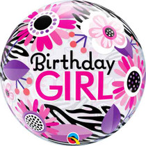 Birthday Girl Clear Balloon Pink Floral Zebra Plastic Bubble 22"