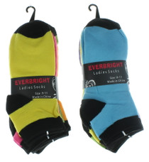 Ladies Socks Solid Colors w/ Black Ankle Socks Low Cut Sz 9-11 Everbright 12 Pairs