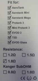 Kangertech ProTank 3 (mini), Aerotank (mini and mega), eVod 2, eVod glass, T3D replacement coils (5-pack)