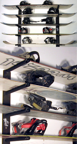 Heavy Duty No Rust Stainless Steel Hardware Included with all snowboard racks.
T-Rax are great for organizing your garage or home.
Work perfect for skis as well.
View the 6 board version for more pics.