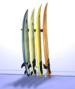 T-Rax Vertical Surfboard storage rack in surf shop style.
 Get your boards lined up and looking good.
Your surfboards are safe and secure with T-Rax. Made in the U.S.A.