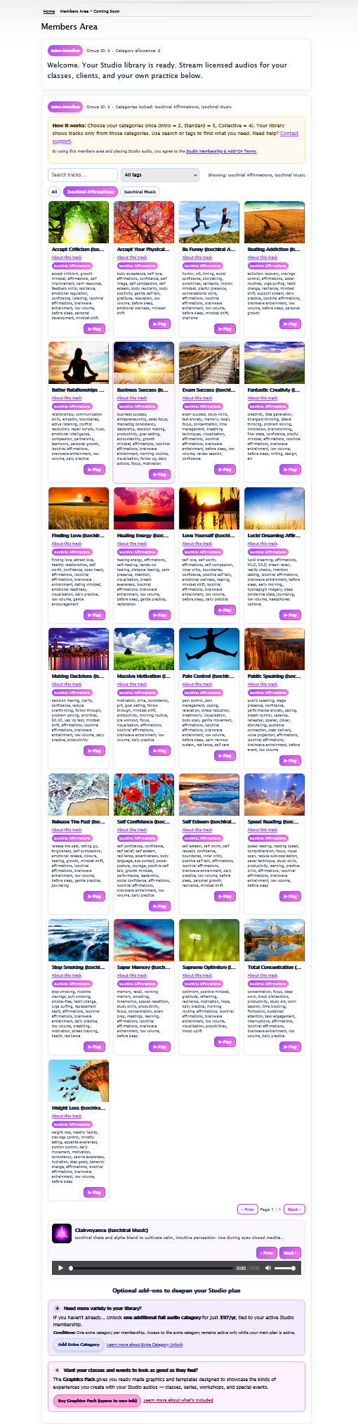 Studio Membership dashboard with categories and tracks