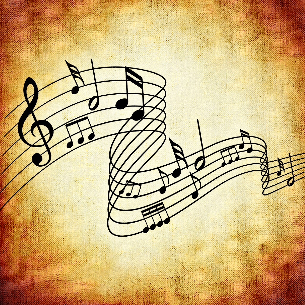 Music notes float on a banner with a tan and brown colored background.