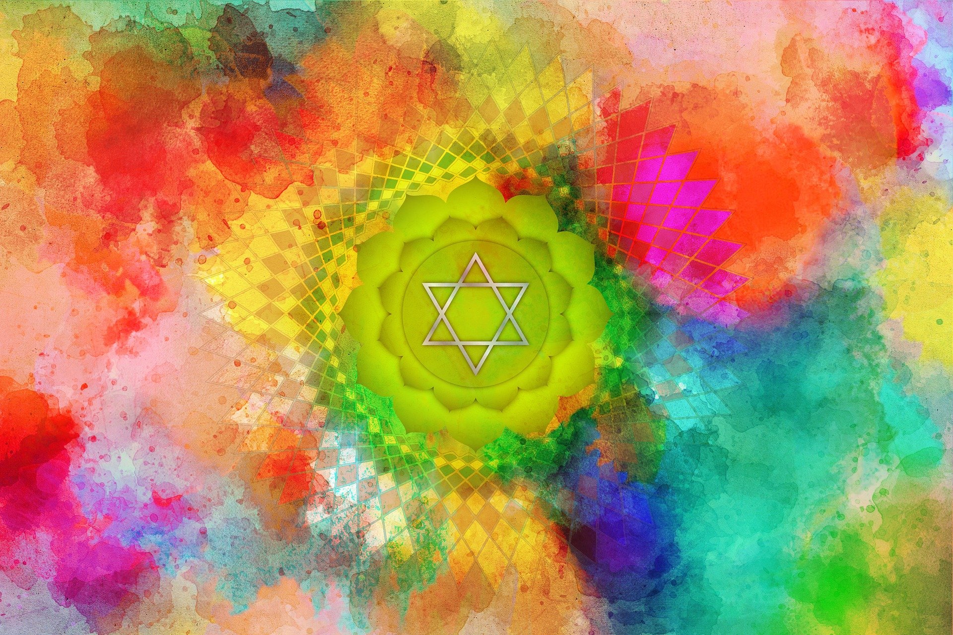 A colorful painting of the anahata symbol.