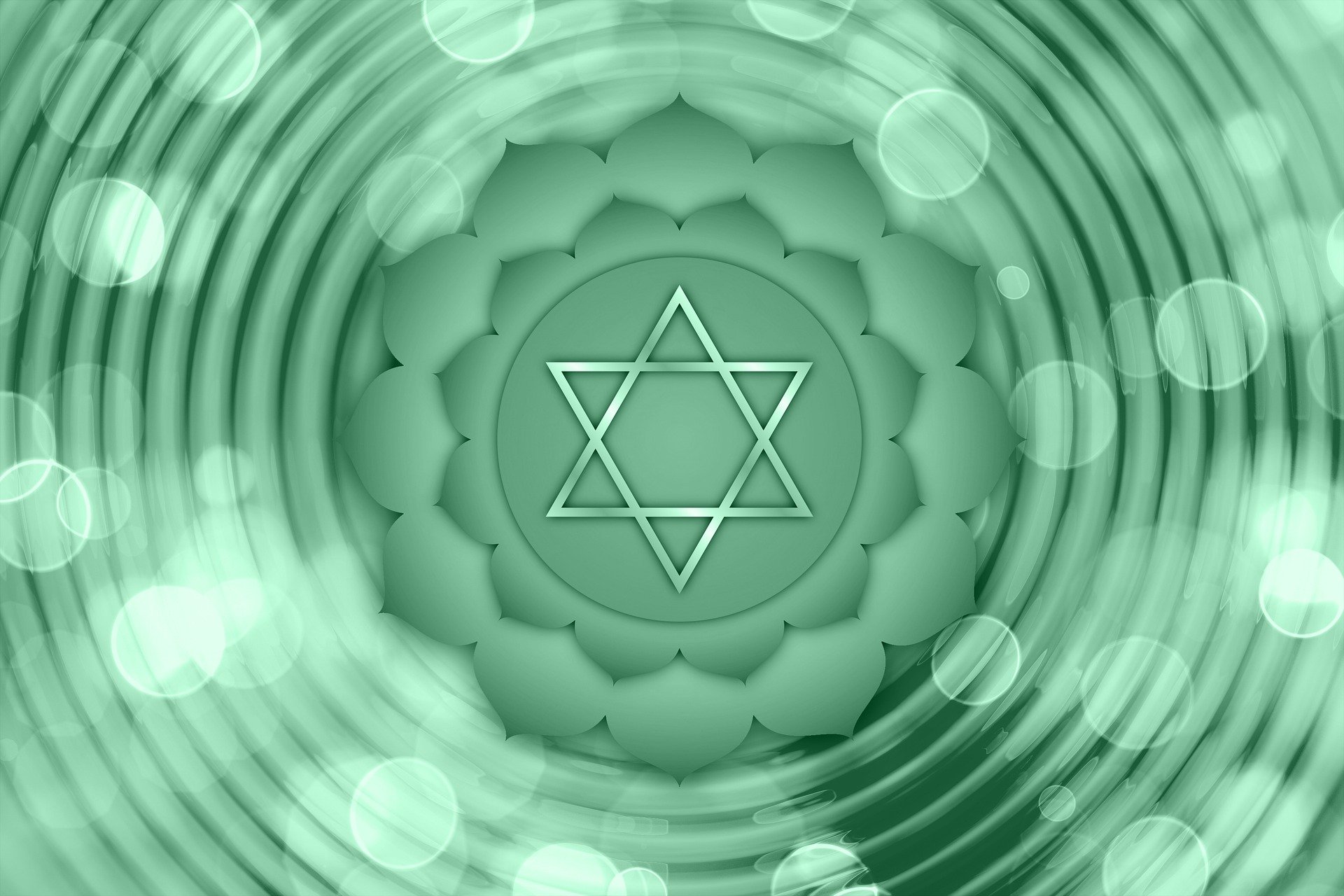 An illustration of the 4th chakra with 12 petals and two sets of triangles.