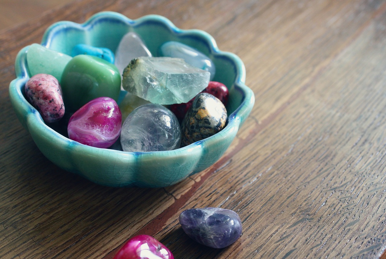 An assortment of stones and crystals that can be used for the Vishuddha.