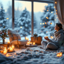 Cozy indoor setting with warm lighting, featuring a comfortable chair, soft blankets, candles, and plants, creating a serene and calming atmosphere for mindfulness and relaxation.