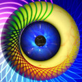 Abstract blue eye with colorful geometric patterns representing brain improvement and mental performance subliminal audio
