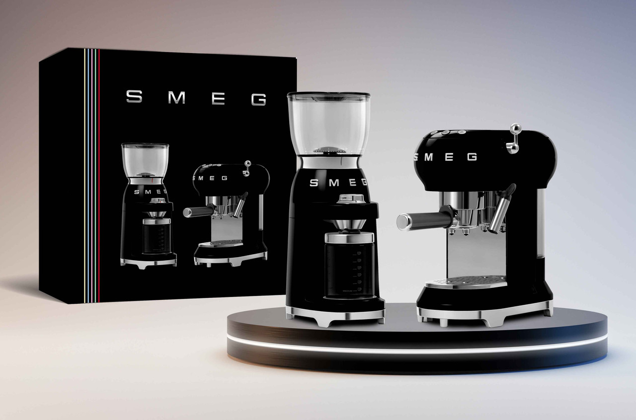 SMEG BLACK RETRO STYLE ESPRESSO COFFEE MACHINE & COFFEE