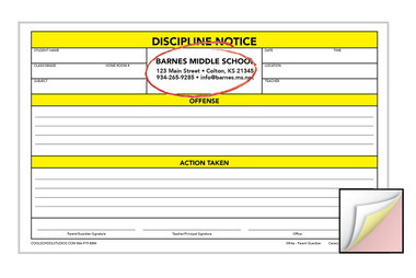 Image shows custom imprint on Discipline Notice 3-part Carbonless Form from Cool School Studios.