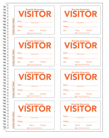 Shown is a page from Cool School Studios' Custom ID Secure-D Visitors Duplicate Log-in Book (04004), allowing the school name to appear above the word VISITOR.