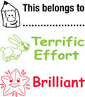 Image shows the three stamp images included with the product: This belongs to..., Terrific Effort, and Brilliant.