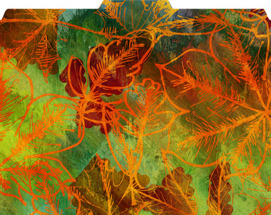 Image shows color leaves pattern on folder. Colors are orange, yellow, light green and dark green. 1/3 cut tab on top edge of folder.