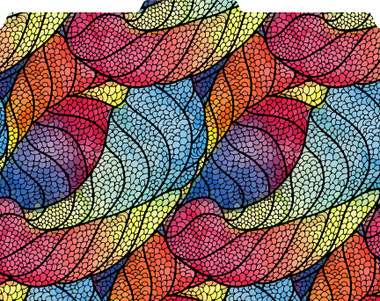 Image shows a graphic leaf pattern outlined in black with various, bright colors filled inside the leaves. Primarily jewel tones in purples, blues and reds. 1/3 cut tab.