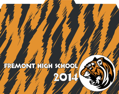  Image shows a custom file folder with tiger print/pattern background and "Fremont High School 2014" text/tiger mascot. This folder can be customized with your school and logo. 1/3 cut tab.