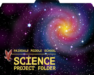 Image shows custom File-'N Style folder with Galaxy background image. Customization shows the words "Science Project Folder" along with a school mascot. This product can be customized to your school.