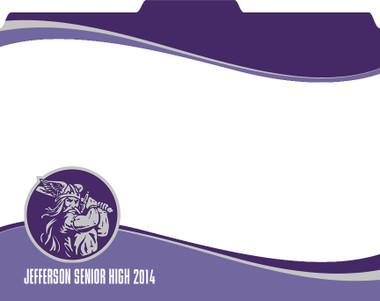 Image shows a custom File-'N Style folder in a purple swish pattern with mascot and school name. This item can be customized with your school information and mascot in your school colors. 1/3 cut tab.