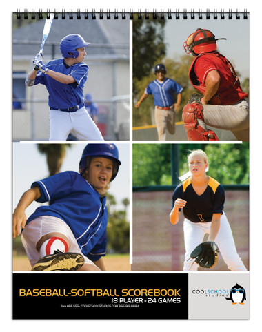Shown is the cover of the 24 game Baseball/Softball Scorebook (Item #BR 555 from Cool School Studios).