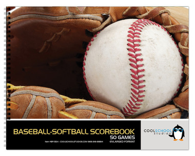 Shown is the cover of the 50 game Enlarged Format Baseball/Softball Scorebook from Cool School Studios (BR 554).