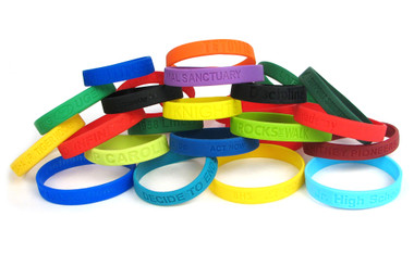 Shown are debossed wristbands from Cool School Studios (4011). Available in 20 color choices.
