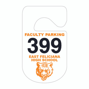 Pictured is Cool School Studios' 1-color Consecutive Numbered Plastic Parking Hang Tag (KC-10H_N1).