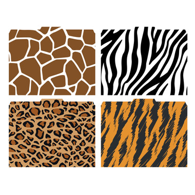 Image shows the four patterns/prints included in this set (Giraffe, Zebra, Leopard and Tiger). 1/3 cut tab at top of each folder.