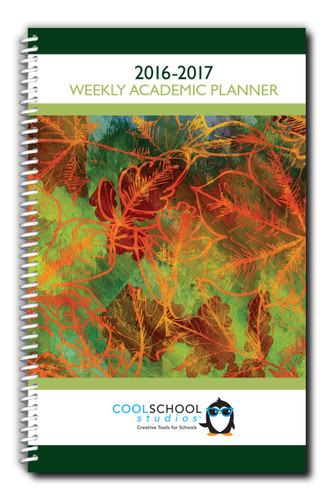 Shown is the cover of the 2016-2017 Dated Teacher's Weekly Planner (05040-1617) from Cool School Studios.