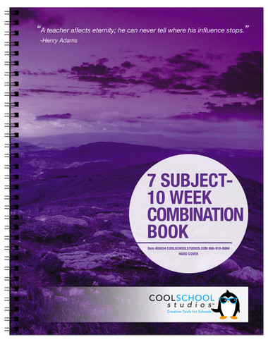 Shown is the hard cover option for the 7-Subject Lesson Plan/Ten Week Record Combination Book (05034) from Cool School Studios.
