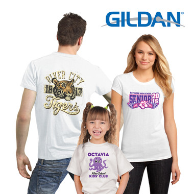 Shown is a selection of Gildan® t-shirts in white with color imprint (Cool School Studios 8000W).