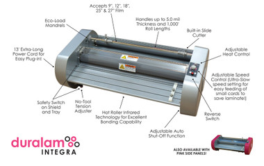Shown is a view of the gray Duralam Integra Laminator, calling out all the features (Cool School Studios 12000).