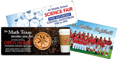 Shown are a variety of custom banners available from Cool School Studios.