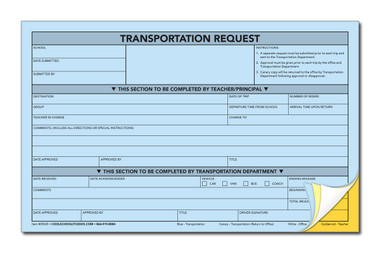Cool School Studios 4-part carbonless Transportation Request Form shown with corner lifted, illustrating the four separate sheets. 