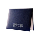 Shown is custom padded diploma certificate cover in navy blue with silver foil imprint (Cool School Studios 01318).
