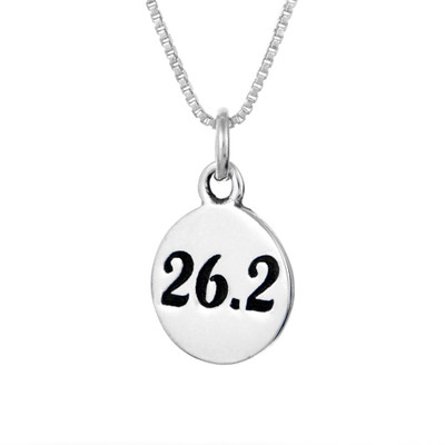 Round sterling silver 26.2 charm on a box chain.