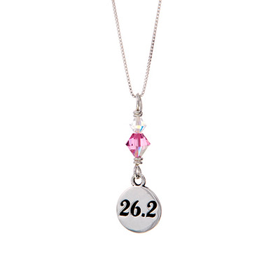 26.2 marathon round charm with a pink crustal on a sterling silver box chain.