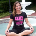 Runners love this inspirational Tech Black tee with bright pink print proclaiming our favorite mantra "Pain is Temporary, Pride is forever" on the front and NEVER QUIT on the back.
