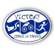 Oval car decal says "Victory comes in Threes" shown in blue.