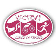 Victory comes in Threes is displayed in Rubine Red on this oval car magnet and bumper sticker
