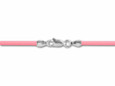 Pink rubber cord is 1.5mm thick and has a sterling silver lobster claw and clasp.