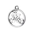 Round cut out sterling silver charm with a cycling girl in the center. 