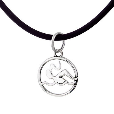Cut out swimmer girl charm on a black rubber cord.