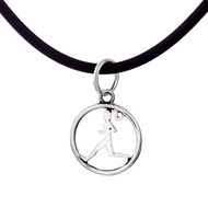Get your Run on with this sterling silver cutout runner girl charm on a black rubber cord.