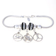 Triathletes will be delighted with this sterling silver Zable bracelet featuring our Milestones gals swimming, biker and running. These cut circle charm dangle beads are separated by two dazzling Black and clear Swarovski crystal beads and tow sterling silver stopper beads. .